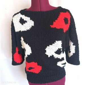 Vtg 80s 90s Black Red White Intarsia Abstract Floral Knit Sweater Boho Fair Art